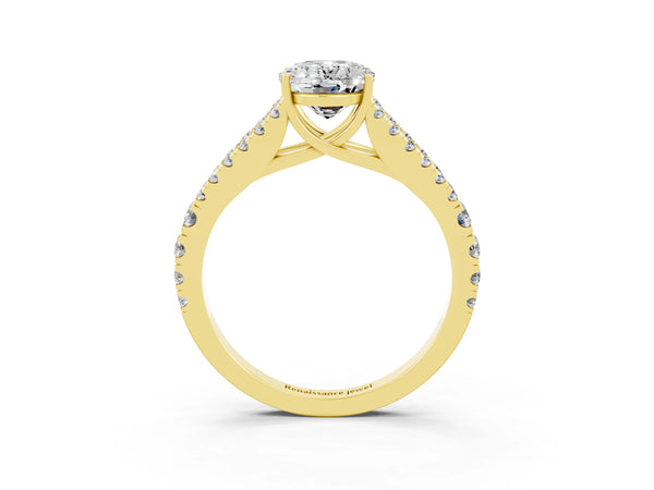 Yellow gold Oval Cut Moissanite Split Shank Engagement Ring with Round Pavé and Prong Setting