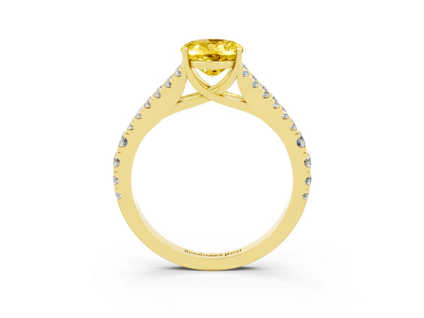 Yellow gold Oval Cut Yellow Sapphire Split Shank Engagement Ring with Round Pavé and Prong Setting