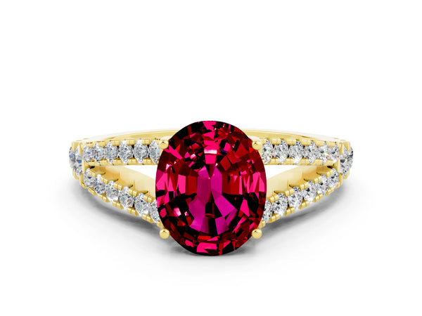Yellow gold Oval Cut Garnet Split Shank Engagement Ring with Round Pavé and Prong Setting