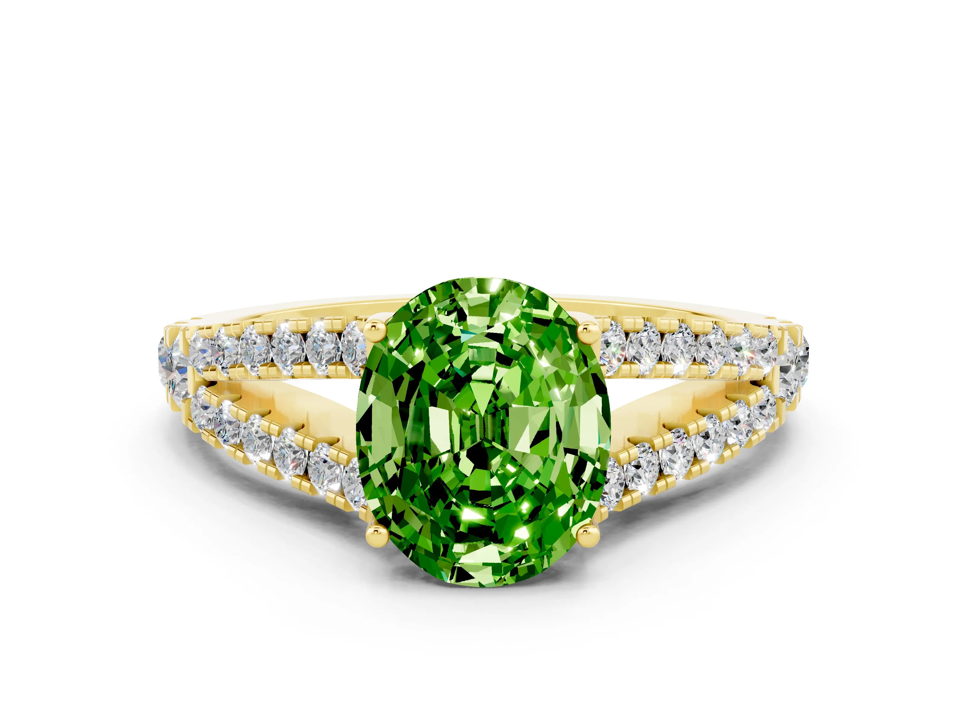 Yellow gold Oval Cut Cut Split Shank Pave Diamond Engagement Ring with Four-Prong Setting