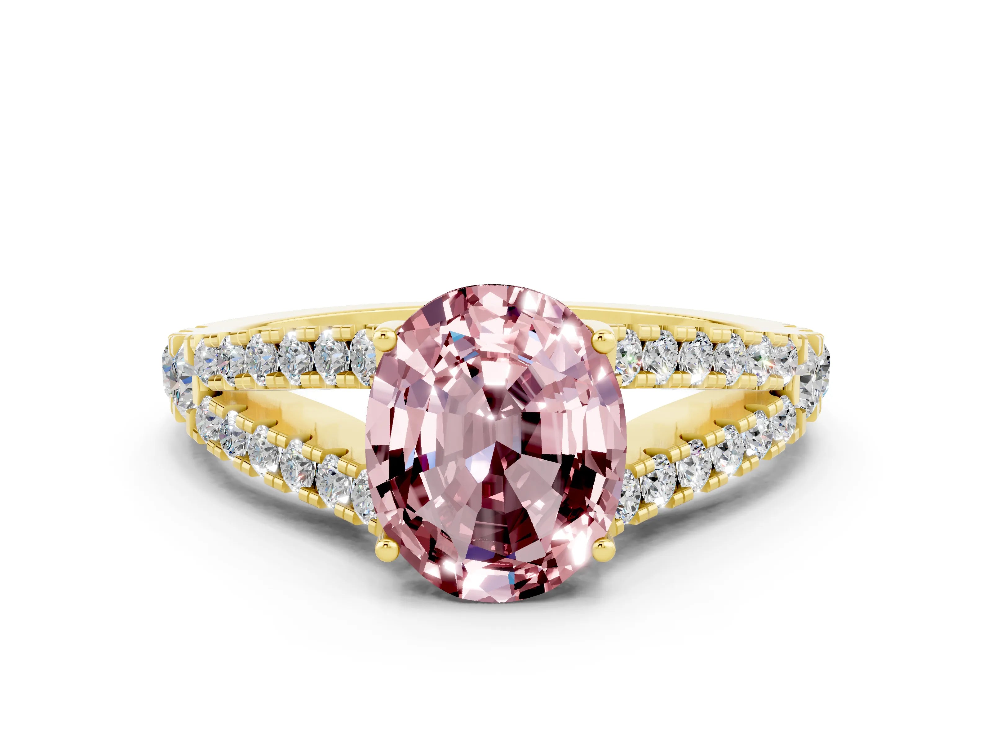 Yellow gold Oval Cut Cut Split Shank Pave Diamond Engagement Ring with Four-Prong Setting