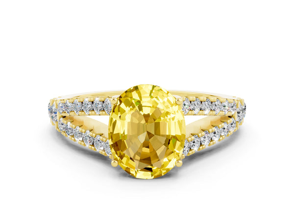 Yellow gold Oval Cut Yellow Sapphire Split Shank Engagement Ring with Round Pavé and Prong Setting