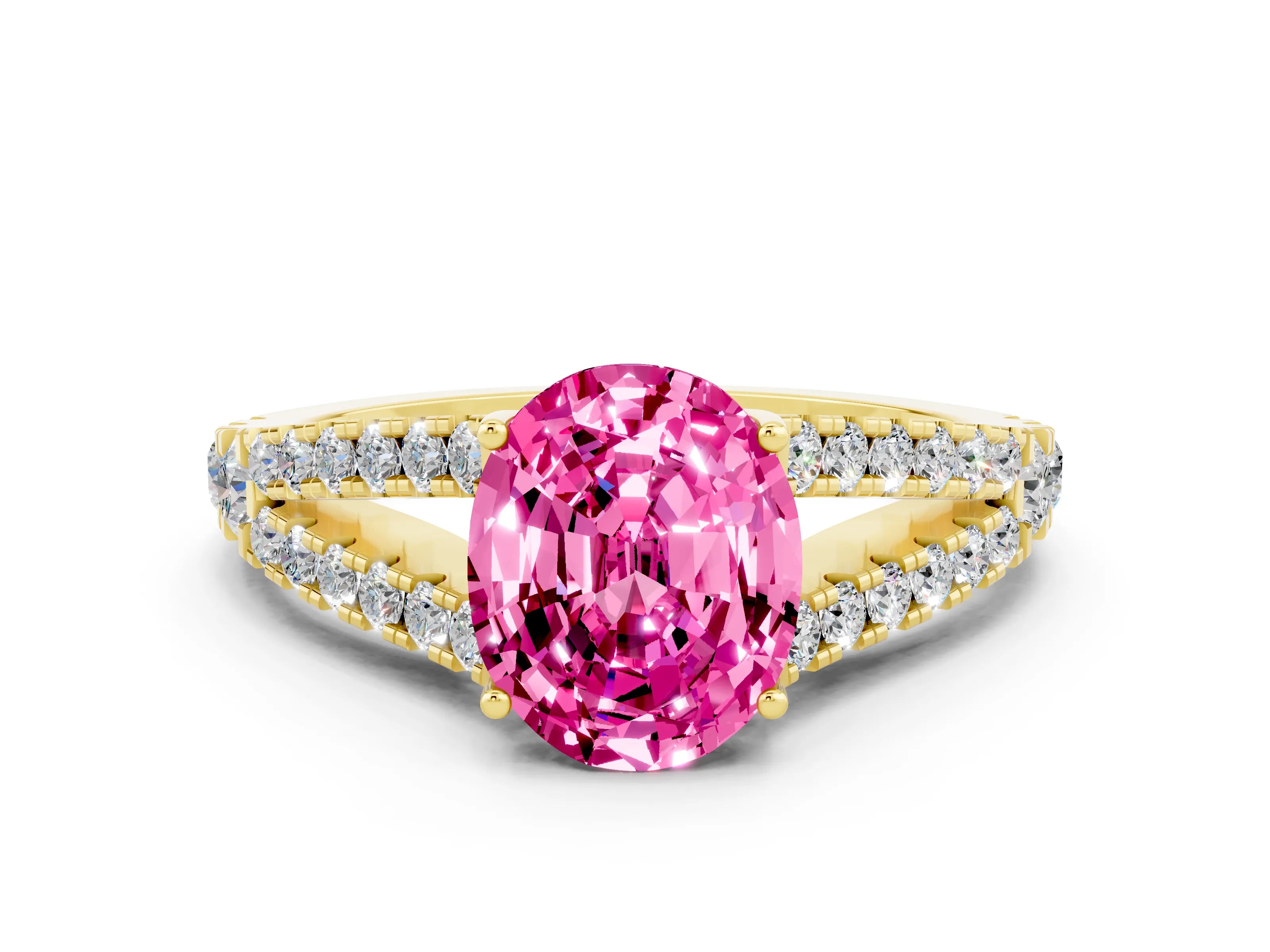 Yellow gold Oval Cut Cut Split Shank Pave Diamond Engagement Ring with Four-Prong Setting