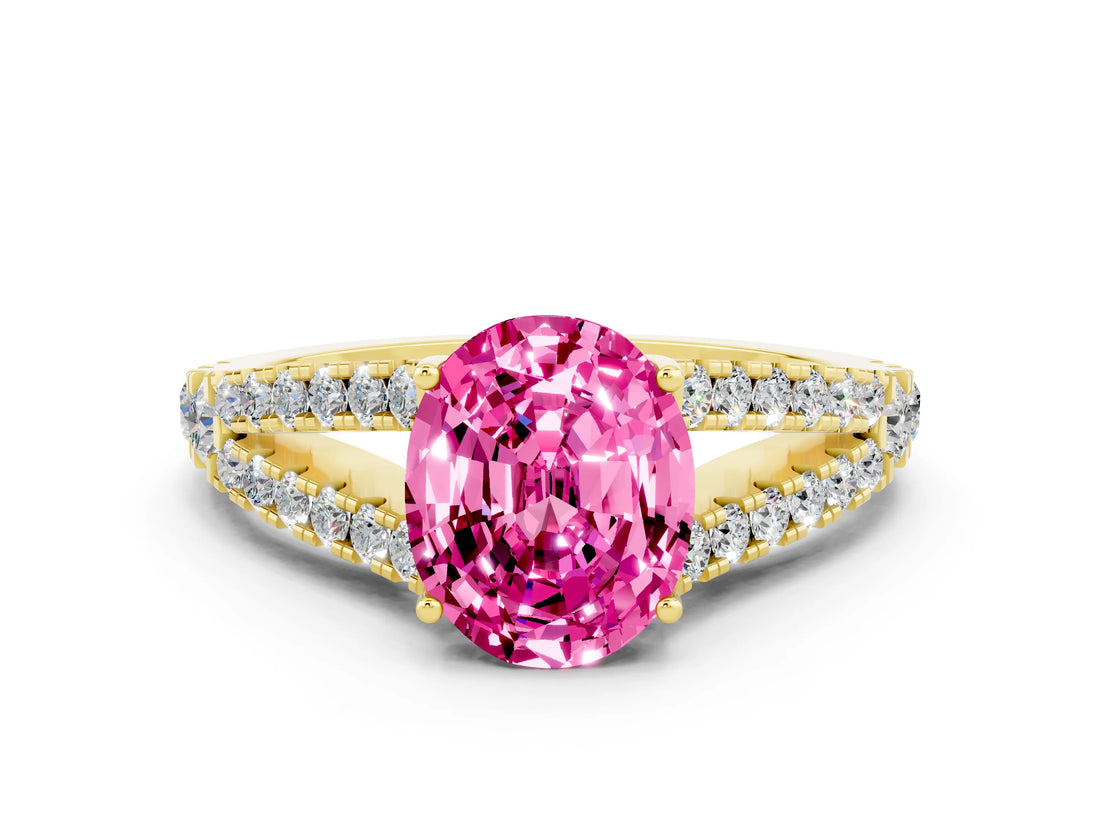 Yellow gold Oval Cut Cut Split Shank Pave Diamond Engagement Ring with Four-Prong Setting