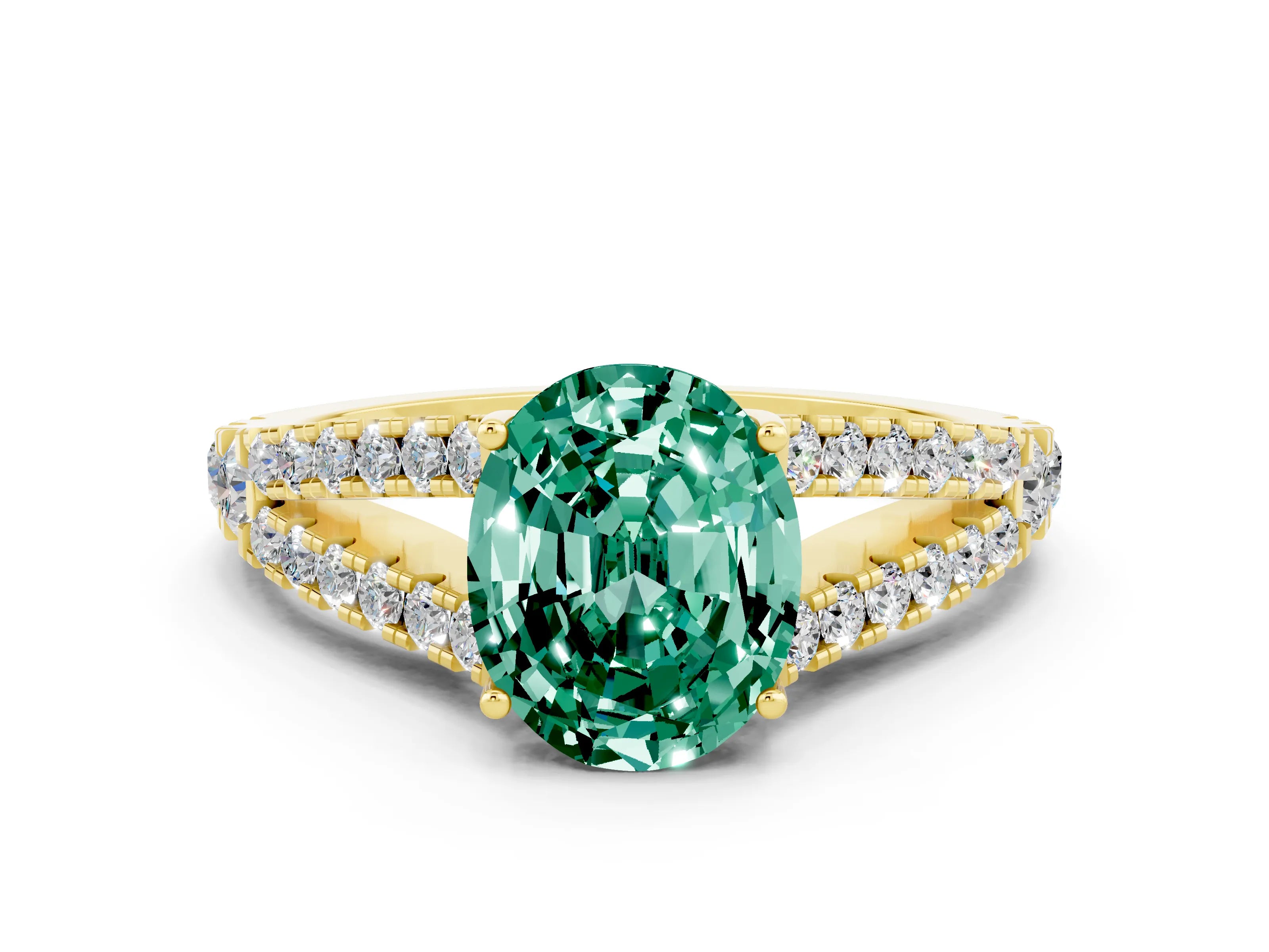 Yellow gold Oval Cut Cut Split Shank Pave Diamond Engagement Ring with Four-Prong Setting
