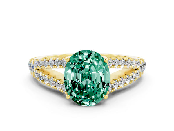 Yellow gold Oval Cut Green Sapphire Split Shank Engagement Ring with Round Pavé and Prong Setting