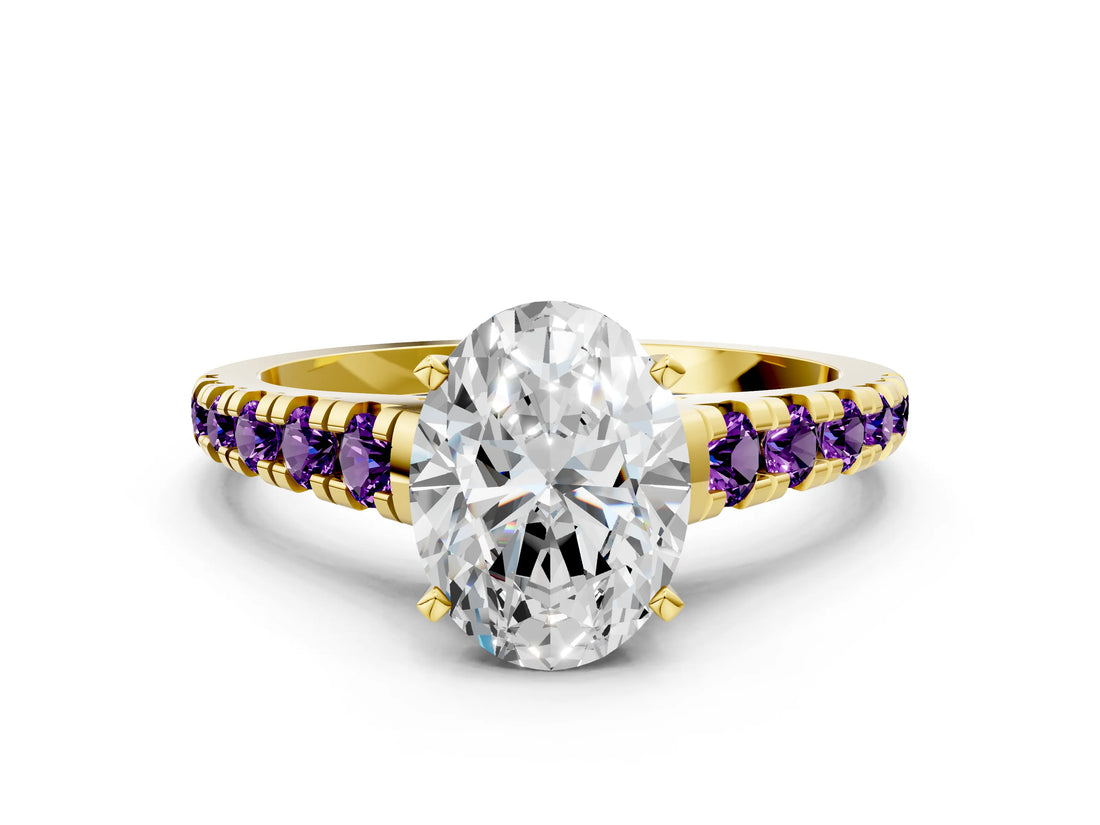 Yellow gold Oval Cut Diamond Cathedral Solitaire Ring with Round with Amethyst side stone Pavé Band_12