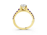 Yellow gold Oval Cut Diamond Cathedral Solitaire Ring with Round with Amethyst side stone Pavé Band_15