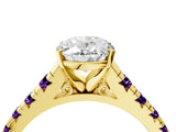 Yellow gold Oval Cut Diamond Cathedral Solitaire Ring with Round with Amethyst side stone Pavé Band_16