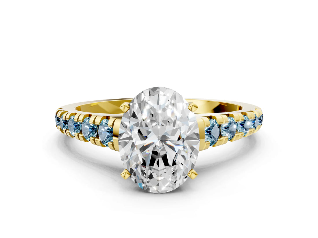 Yellow gold Oval Cut Diamond Cathedral Solitaire Ring with Round with Aquamarine side stone Pavé Band_12