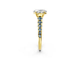 Yellow gold Oval Cut Diamond Cathedral Solitaire Ring with Round with Aquamarine side stone Pavé Band_14