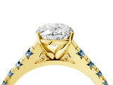 Yellow gold Oval Cut Diamond Cathedral Solitaire Ring with Round with Aquamarine side stone Pavé Band_16