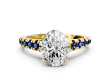 Yellow gold Oval Cut Diamond Cathedral Solitaire Ring with Round with Blue Sapphire side stone Pavé Band_12
