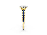 Yellow gold Oval Cut Diamond Cathedral Solitaire Ring with Round with Blue Sapphire side stone Pavé Band_14