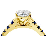 Yellow gold Oval Cut Diamond Cathedral Solitaire Ring with Round with Blue Sapphire side stone Pavé Band_16