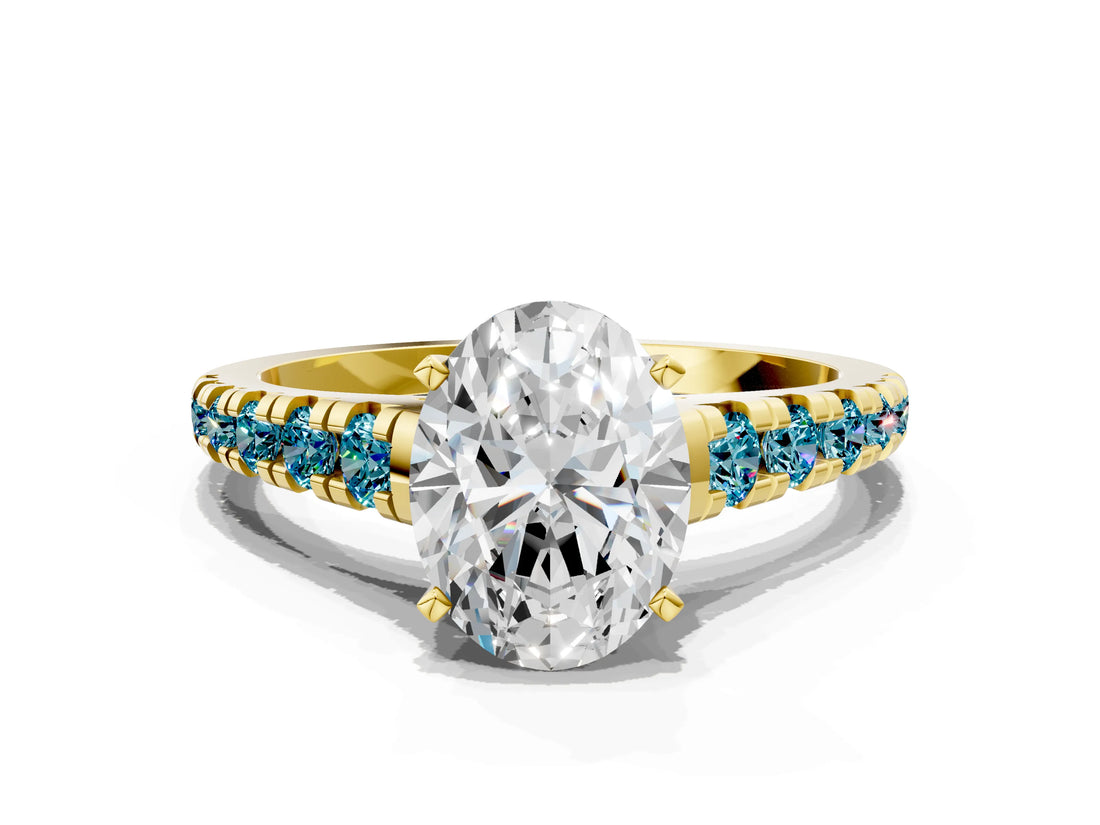 Yellow gold Oval Cut Diamond Cathedral Solitaire Ring with Round with Blue Topaz side stone Pavé Band