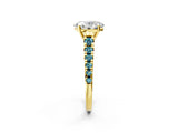 Yellow gold Oval Cut Diamond Cathedral Solitaire Ring with Round with Blue Topaz side stone Pavé Band_2