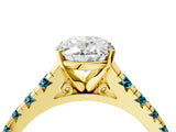 Yellow gold Oval Cut Diamond Cathedral Solitaire Ring with Round with Blue Topaz side stone Pavé Band_4