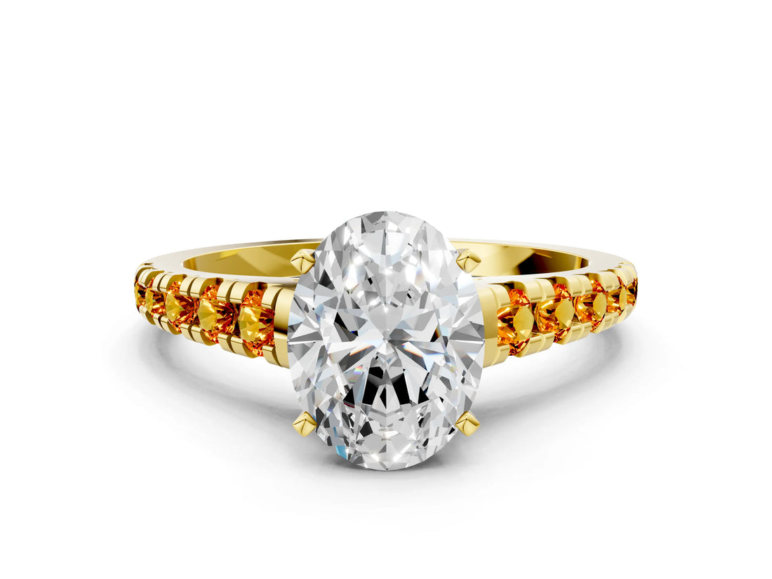 Yellow gold Oval Cut Diamond Cathedral Solitaire Ring with Round with Citrine side stone Pavé Band_24