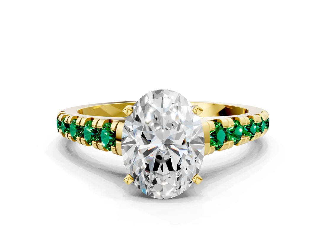 Yellow gold Oval Cut Diamond Cathedral Solitaire Ring with Round with Emerald side stone Pavé Band