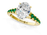 Yellow gold Oval Cut Diamond Cathedral Solitaire Ring with Round with Emerald side stone Pavé Band_1