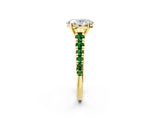 Yellow gold Oval Cut Diamond Cathedral Solitaire Ring with Round with Emerald side stone Pavé Band_2