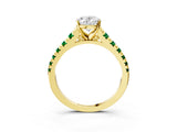 Yellow gold Oval Cut Diamond Cathedral Solitaire Ring with Round with Emerald side stone Pavé Band_3