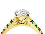 Yellow gold Oval Cut Diamond Cathedral Solitaire Ring with Round with Emerald side stone Pavé Band_4