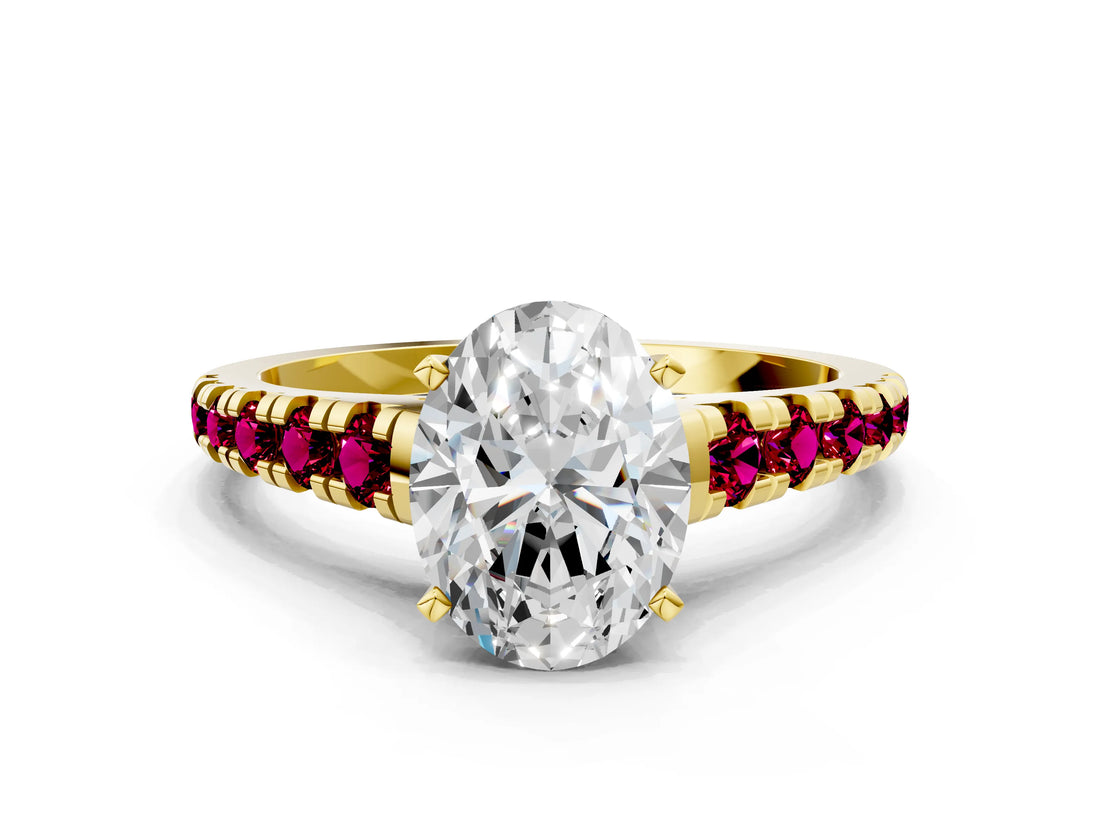 Yellow gold Oval Cut Diamond Cathedral Solitaire Ring with Round with Garnet side stone Pavé Band_12