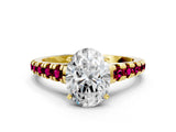 Yellow gold Oval Cut Diamond Cathedral Solitaire Ring with Round with Garnet side stone Pavé Band_12