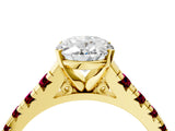Yellow gold Oval Cut Diamond Cathedral Solitaire Ring with Round with Garnet side stone Pavé Band_16