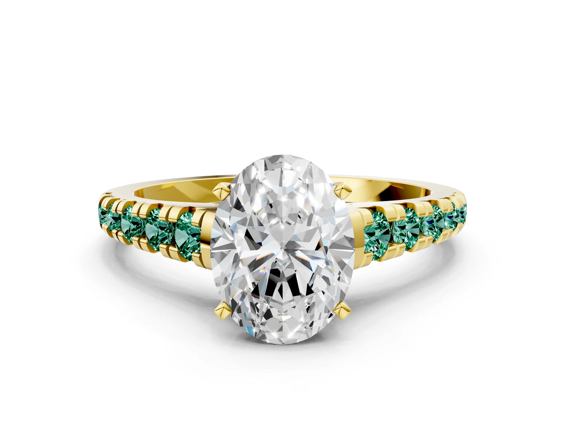Yellow gold Oval Cut Diamond Cathedral Solitaire Ring with Round with Green Sapphire side stone Pavé Band_12