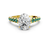 Yellow gold Oval Cut Diamond Cathedral Solitaire Ring with Round with Green Sapphire side stone Pavé Band_12