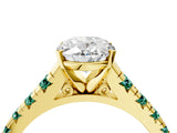 Yellow gold Oval Cut Diamond Cathedral Solitaire Ring with Round with Green Sapphire side stone Pavé Band_16