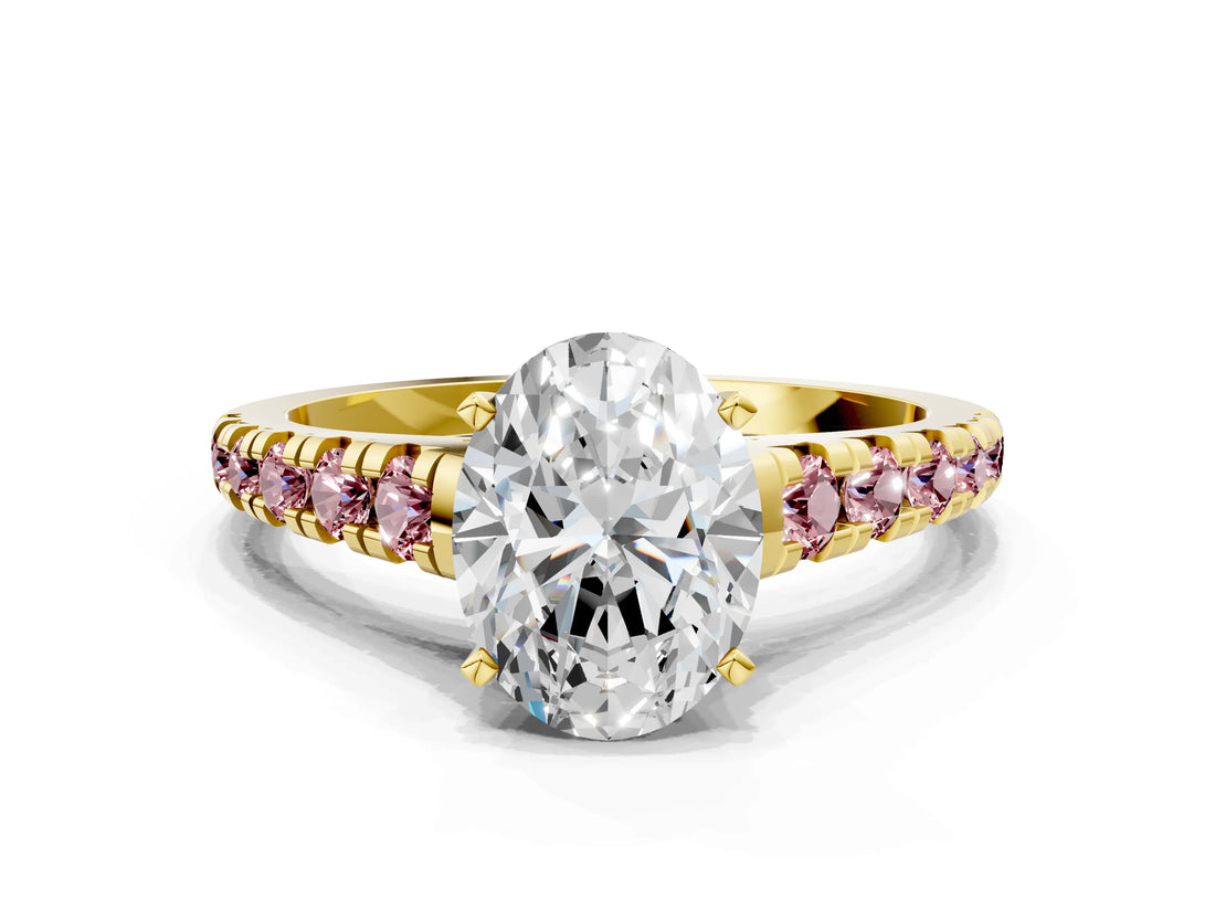 Yellow gold Oval Cut Diamond Cathedral Solitaire Ring with Round with Morganite side stone Pavé Band_12