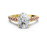 Yellow gold Oval Cut Diamond Cathedral Solitaire Ring with Round with Morganite side stone Pavé Band_12