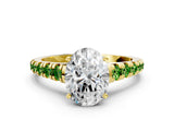Yellow gold Oval Cut Diamond Cathedral Solitaire Ring with Round with Peridot side stone Pavé Band