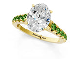 Yellow gold Oval Cut Diamond Cathedral Solitaire Ring with Round with Peridot side stone Pavé Band_1