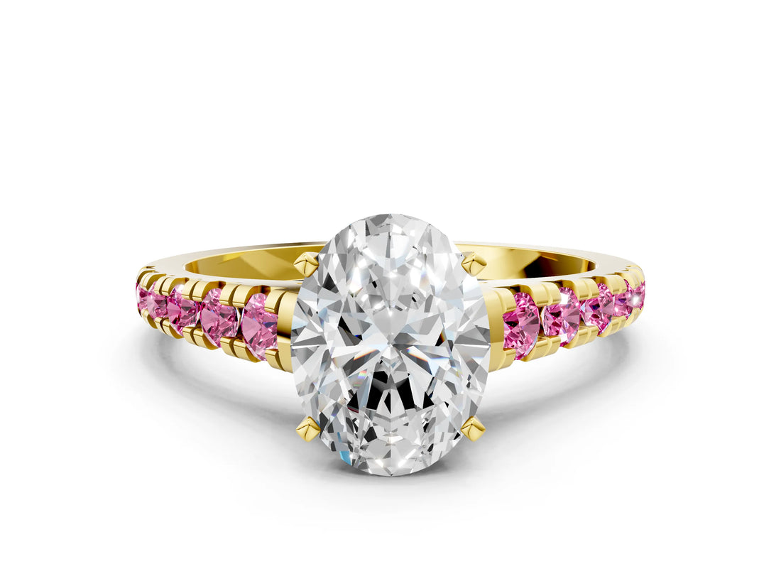 Yellow gold Oval Cut Diamond Cathedral Solitaire Ring with Round with Pink Sapphire side stone Pavé Band_12