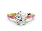 Yellow gold Oval Cut Diamond Cathedral Solitaire Ring with Round with Pink Sapphire side stone Pavé Band_12