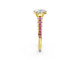 Yellow gold Oval Cut Diamond Cathedral Solitaire Ring with Round with Pink Sapphire side stone Pavé Band_14