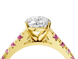 Yellow gold Oval Cut Diamond Cathedral Solitaire Ring with Round with Pink Sapphire side stone Pavé Band_16