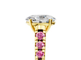 Yellow gold Oval Cut Diamond Cathedral Solitaire Ring with Round with Pink Sapphire side stone Pavé Band_17