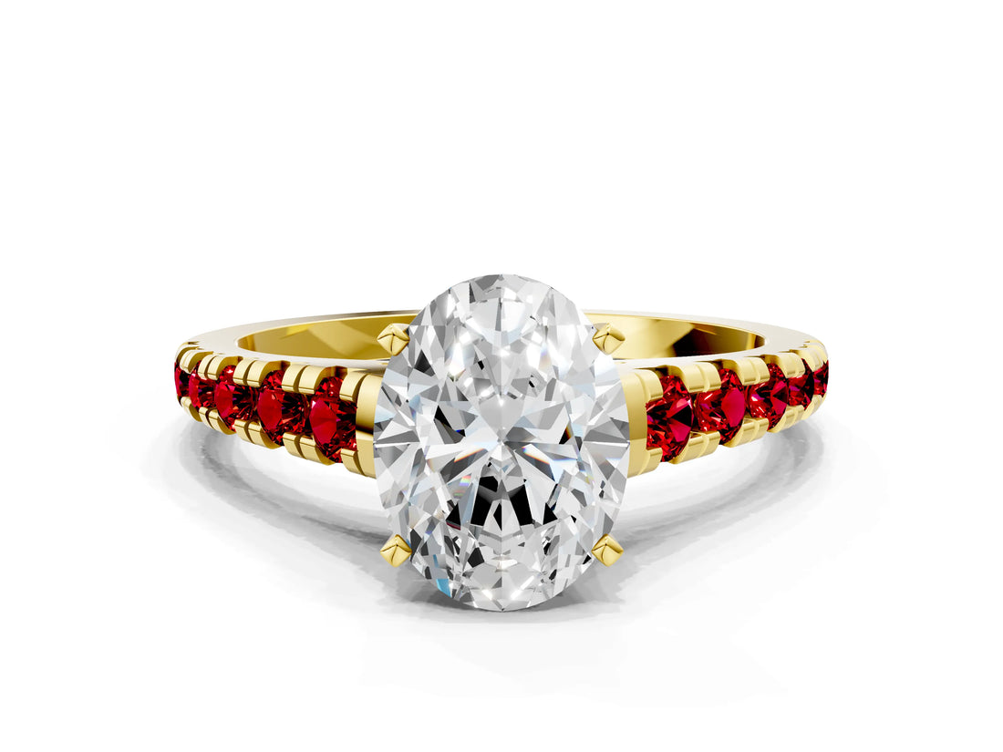 Yellow gold Oval Cut Diamond Cathedral Solitaire Ring with Round with Ruby side stone Pavé Band_47