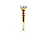 Yellow gold Oval Cut Diamond Cathedral Solitaire Ring with Round with Ruby side stone Pavé Band_49