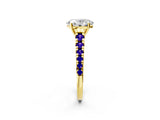 Yellow gold Oval Cut Diamond Cathedral Solitaire Ring with Round with Tanzanite side stone Pavé Band_2