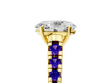 Yellow gold Oval Cut Diamond Cathedral Solitaire Ring with Round with Tanzanite side stone Pavé Band_5