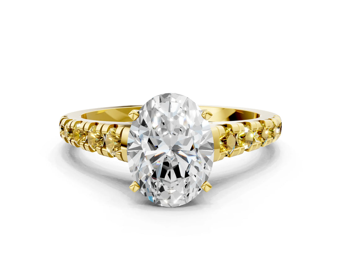 Yellow gold Oval Cut Diamond Cathedral Solitaire Ring with Round with Yellow Sapphire side stone Pavé Band_36