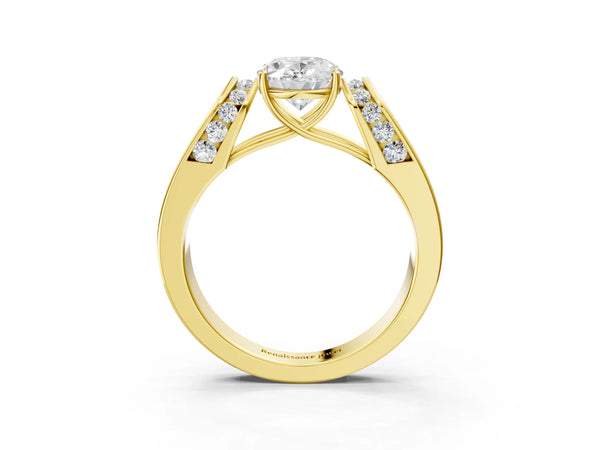 Yellow Gold Oval Channel Set Engagement Ring Setting with Accented Shoulders on Wide Band