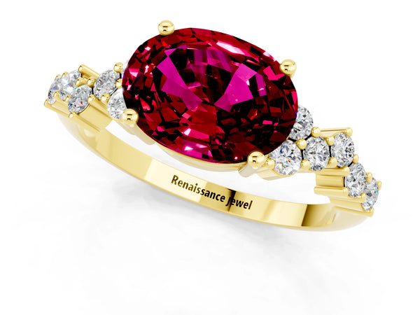 Yellow gold Oval Cut Garnet Scattered Round Accent Ring with Prong Setting